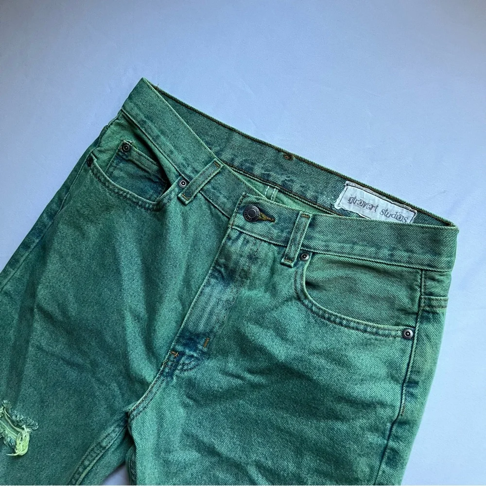 INTROVERT STUDIOS green denim‎ stone wash distressed slim straight jeans